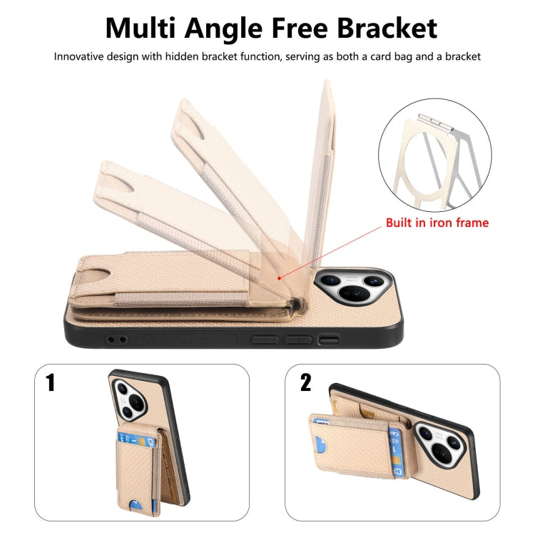 For Huawei Pura 70 Carbon Fiber Vertical Flip Wallet Stand Phone Case(Khaki)