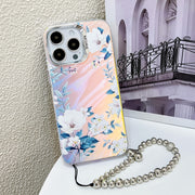For iPhone 16 Pro Electroplating Laser Flower Phone Case with Wrist Strap(White Flower AH10)