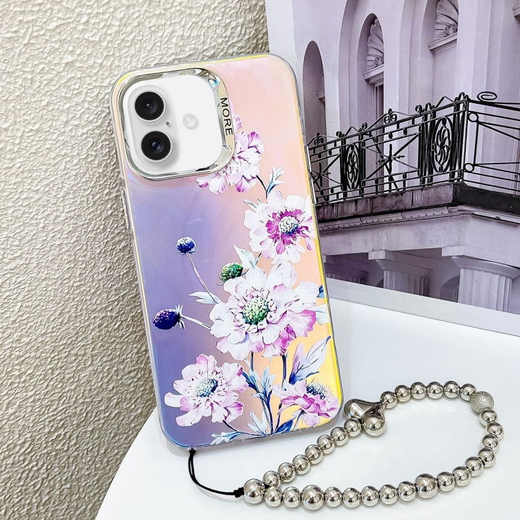 For iPhone 16 Electroplating Laser Flower Phone Case with Wrist Strap(Zinnia AH9)