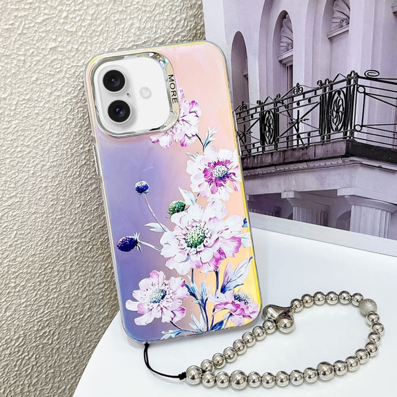 For iPhone 16 Electroplating Laser Flower Phone Case with Wrist Strap(Zinnia AH9)