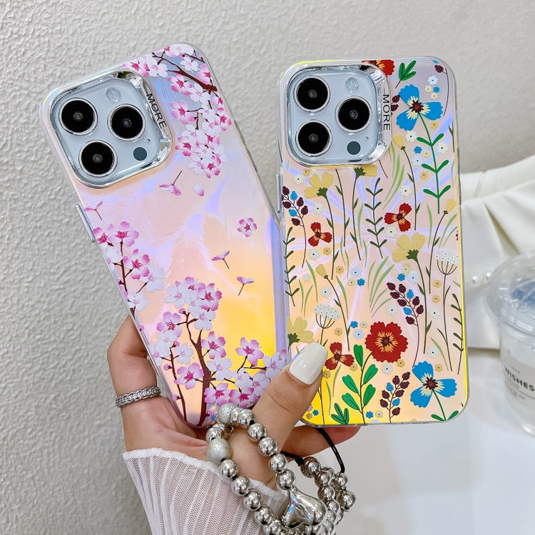 For iPhone 16 Pro Electroplating Laser Flower Phone Case with Wrist Strap(White Flower AH10)