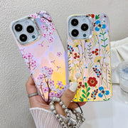 For iPhone 16 Electroplating Laser Flower Phone Case with Wrist Strap(Flower AH6)