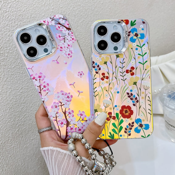 For iPhone 16 Pro Electroplating Laser Flower Phone Case with Wrist Strap(White Flower AH10)