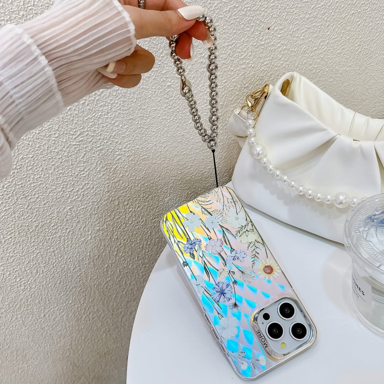 For iPhone 16 Electroplating Laser Flower Phone Case with Wrist Strap(Peony AH11)