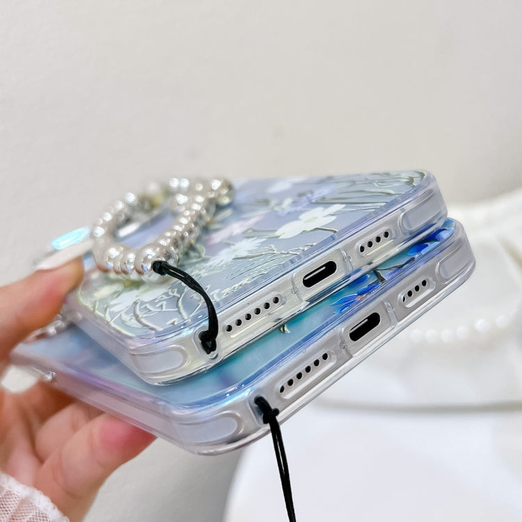 For iPhone 16 Pro Electroplating Laser Flower Phone Case with Wrist Strap(White Flower AH10)
