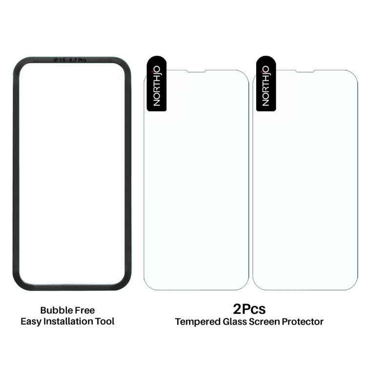 For iPhone 15 Pro Max NORTHJO 2pcs A++ Screen Protector Tempered Glass Film with Installation Frame