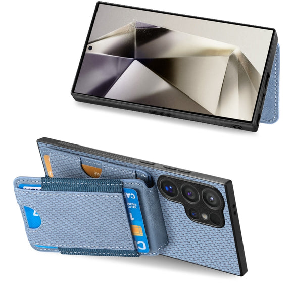 For Samsung Galaxy S24 Ultra 5G Carbon Fiber Vertical Flip Wallet Stand Phone Case(Blue)