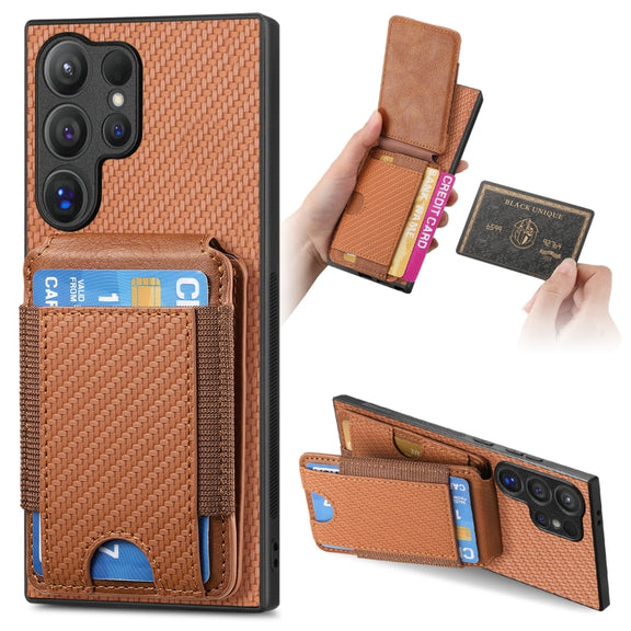 For Samsung Galaxy S24 Ultra 5G Carbon Fiber Vertical Flip Wallet Stand Phone Case(Brown)
