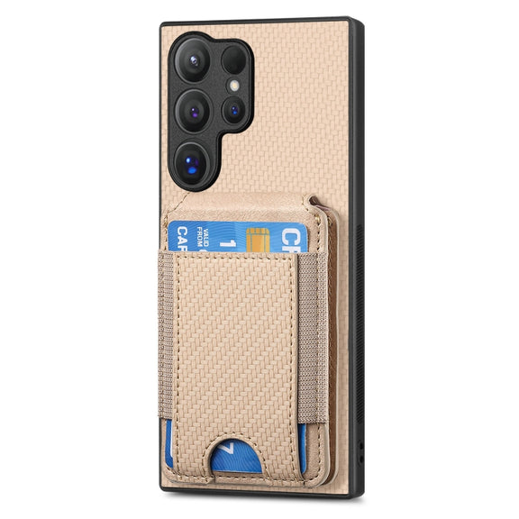 For Samsung Galaxy S24 Ultra 5G Carbon Fiber Vertical Flip Wallet Stand Phone Case(Khaki)
