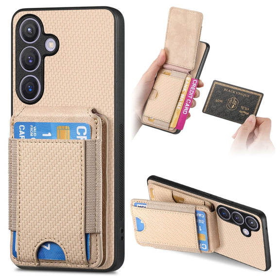 For Samsung Galaxy S24 5G Carbon Fiber Vertical Flip Wallet Stand Phone Case(Khaki)