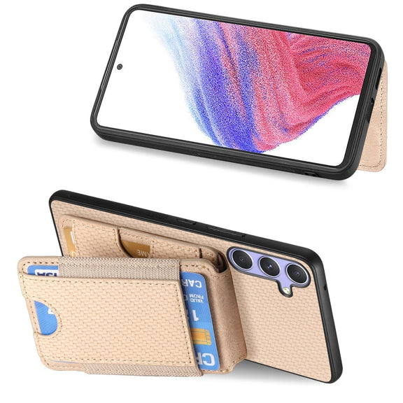 For Samsung Galaxy S25+ 5G Carbon Fiber Vertical Flip Wallet Stand Phone Case(Khaki)