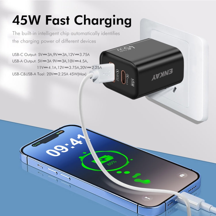 ENKAY FC-001 45W USB-A + USB-C / Type-C Dual Ports Quick Charger, US Plug(White)