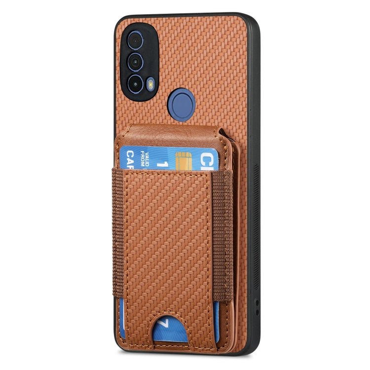 For Motorola Moto E20 / E30 Carbon Fiber Vertical Flip Wallet Stand Phone Case(Brown)