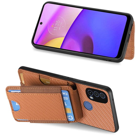 For Motorola Moto E20 / E30 Carbon Fiber Vertical Flip Wallet Stand Phone Case(Brown)