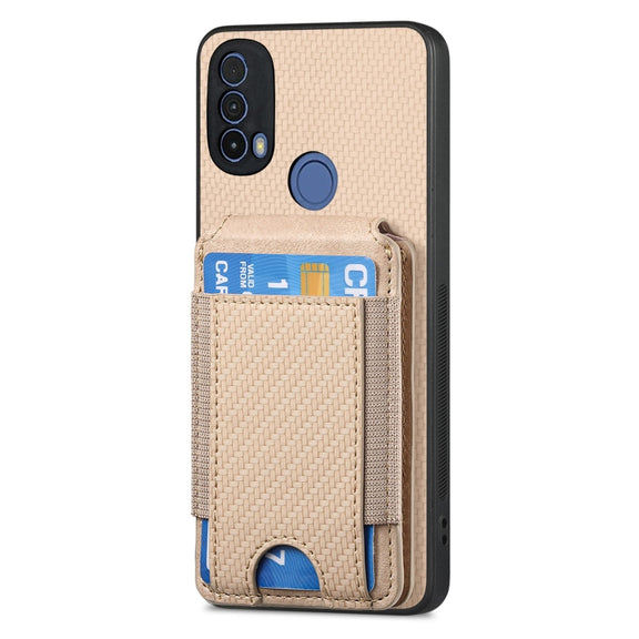 For Motorola Moto E20 / E30 Carbon Fiber Vertical Flip Wallet Stand Phone Case(Khaki)