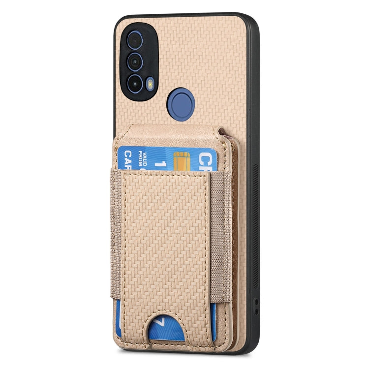 For Motorola Moto E40 Carbon Fiber Vertical Flip Wallet Stand Phone Case(Khaki)