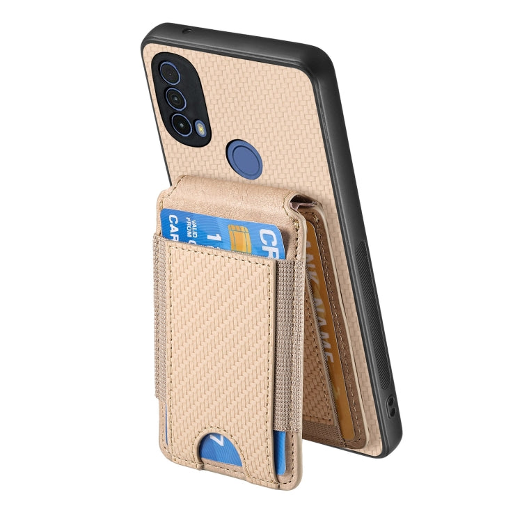 For Motorola Moto E40 Carbon Fiber Vertical Flip Wallet Stand Phone Case(Khaki)