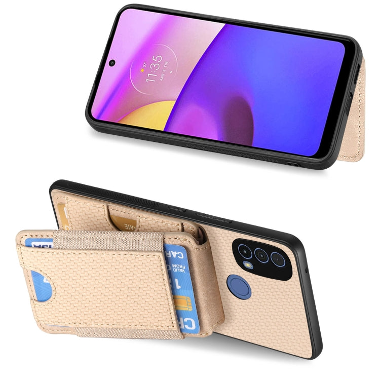 For Motorola Moto E40 Carbon Fiber Vertical Flip Wallet Stand Phone Case(Khaki)