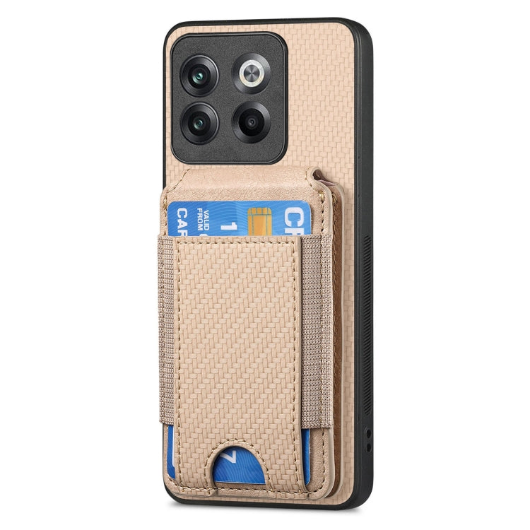 For OnePlus 12 5G Carbon Fiber Vertical Flip Wallet Stand Phone Case(Khaki)
