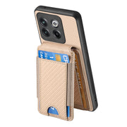 For OnePlus 12 5G Carbon Fiber Vertical Flip Wallet Stand Phone Case(Khaki)