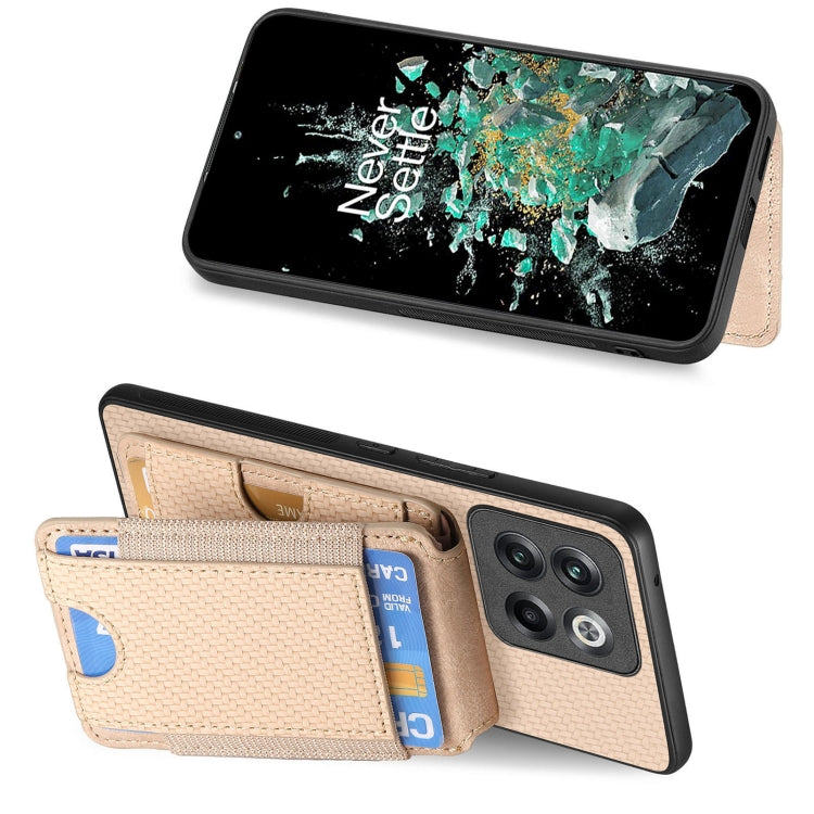 For OnePlus 12 5G Carbon Fiber Vertical Flip Wallet Stand Phone Case(Khaki)