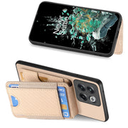 For OnePlus 12 5G Carbon Fiber Vertical Flip Wallet Stand Phone Case(Khaki)