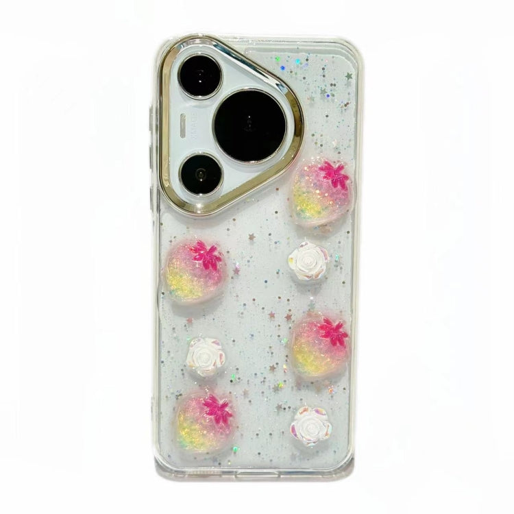 For Huawei Pura 70 Electroplated Frame 3D Strawberry Flower  TPU Phone Case(Pink Strawberry)