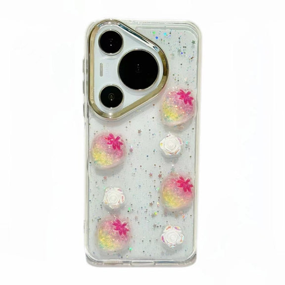 For Huawei Pura 70 Electroplated Frame 3D Strawberry Flower  TPU Phone Case(Pink Strawberry)