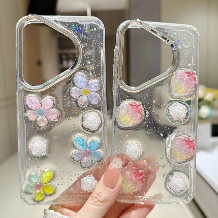 For Huawei Pura 70 Electroplated Frame 3D Strawberry Flower  TPU Phone Case(Colorful Flowers)