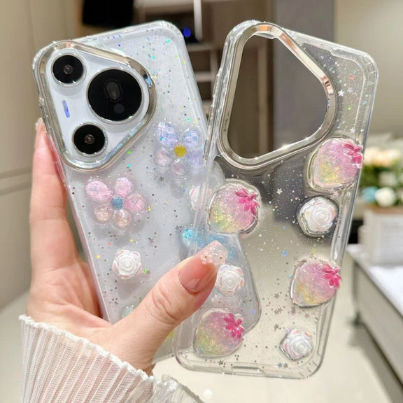 For Huawei Pura 70 Electroplated Frame 3D Strawberry Flower  TPU Phone Case(Pink Strawberry)
