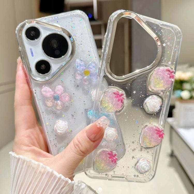 For Huawei Pura 70 Electroplated Frame 3D Strawberry Flower  TPU Phone Case(Colorful Flowers)