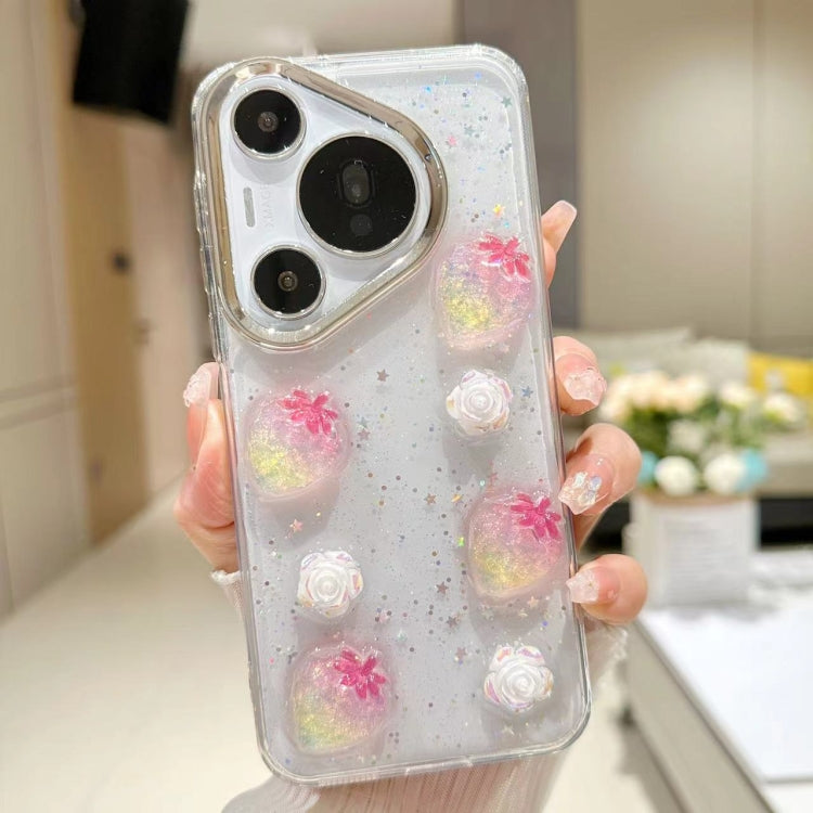 For Huawei Pura 70 Electroplated Frame 3D Strawberry Flower  TPU Phone Case(Colorful Flowers)