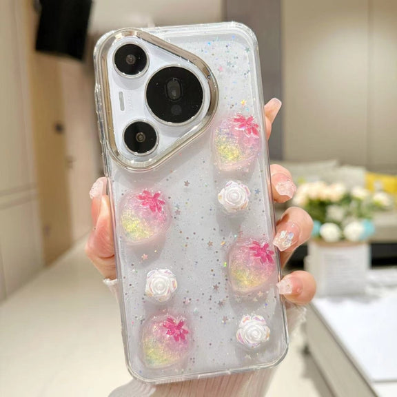 For Huawei Pura 70 Electroplated Frame 3D Strawberry Flower  TPU Phone Case(Pink Strawberry)
