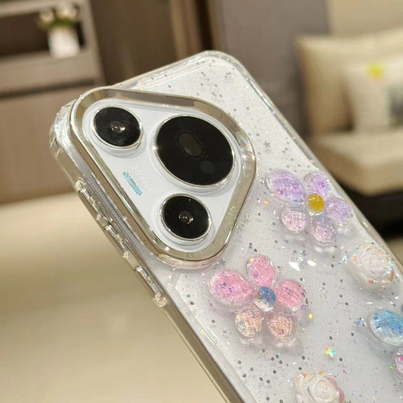 For Huawei Pura 70 Electroplated Frame 3D Strawberry Flower  TPU Phone Case(Colorful Flowers)