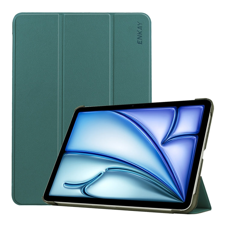 For iPad Air 13 2025 / 2024 ENKAY Tri-fold Custer Texture Plastic Leather Smart Tablet Case(Dark Green)