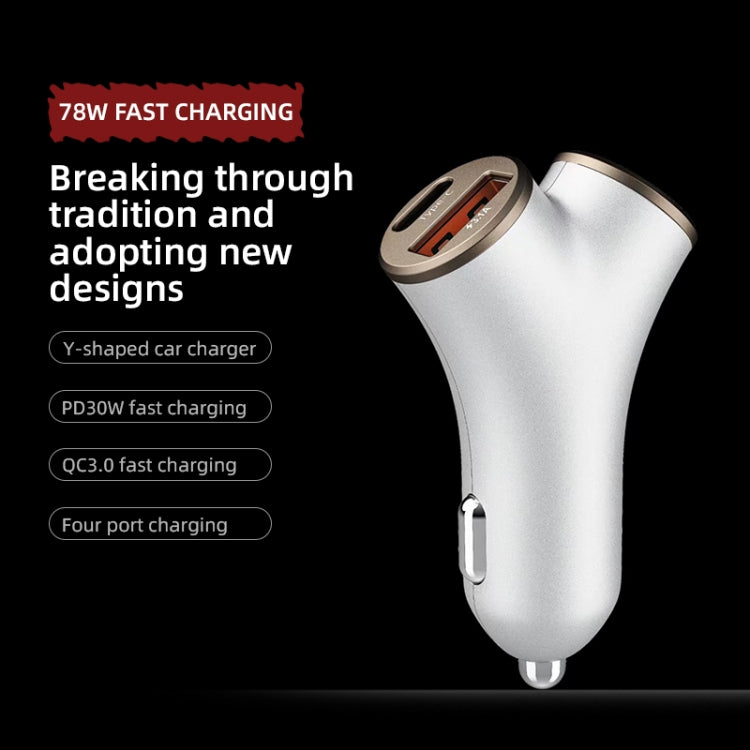 A2 2 USB + 2 Type-C Phone Fast Charging Power Adapter 78W Y-Shaped Car Charger(Black)