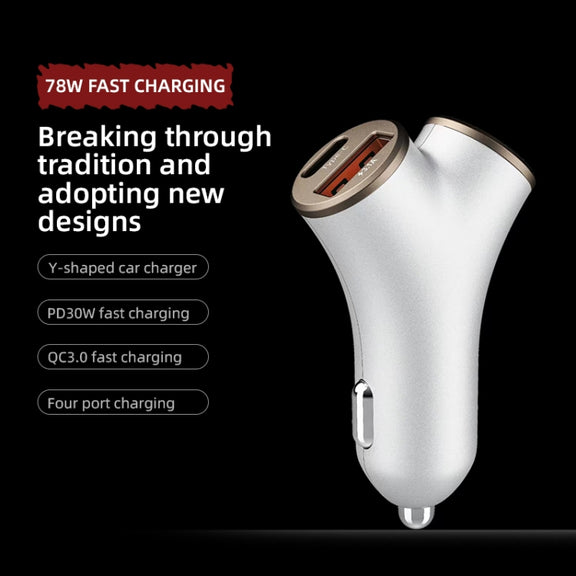 A2 2 USB + 2 Type-C Phone Fast Charging Power Adapter 78W Y-Shaped Car Charger(Black)