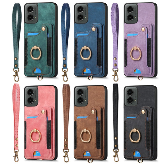 For Motorola Moto G 2024 Retro Skin-feel Ring Multi-card RFID Wallet Phone Case(Pink)