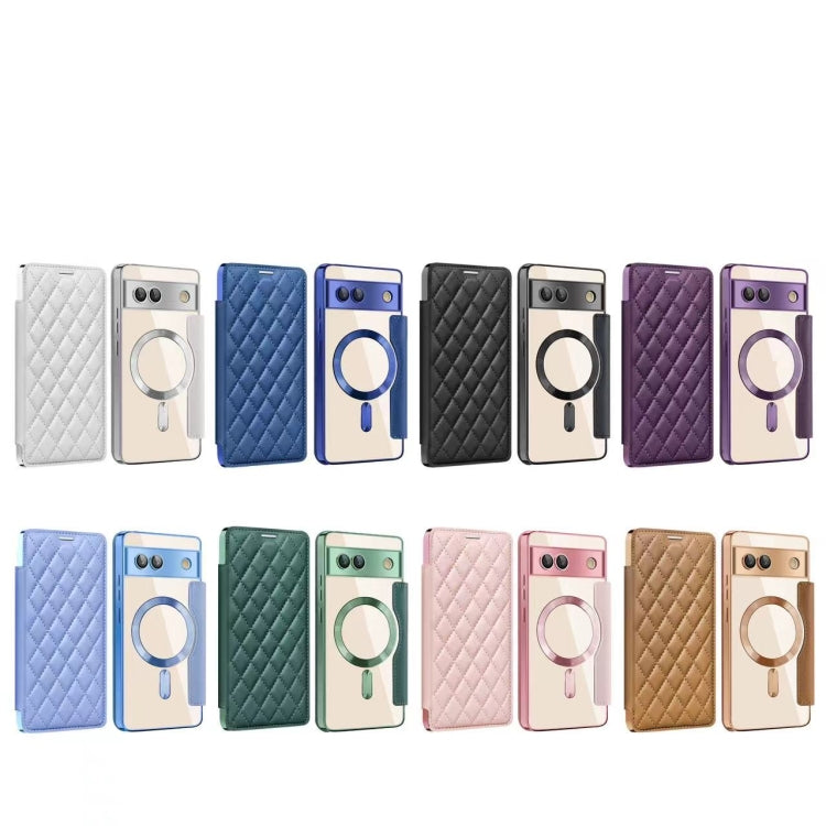 For Google  Pixel 8a Shield Magsafe RFID Anti-theft Rhombus Leather Phone Case(Pink)