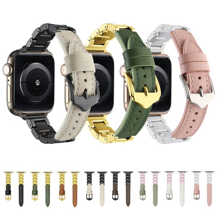 For Apple Watch Series 9 45mm Ceramic Color Buckle Contrast Leather Watch Band(Light Pink+White+Silver Buckle)