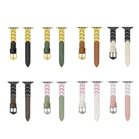 For Apple Watch Series 7 45mm Ceramic Color Buckle Contrast Leather Watch Band(Light Pink+White+Silver Buckle)