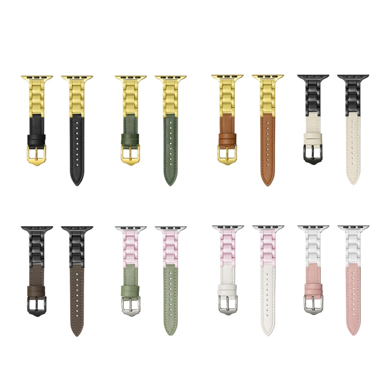 For Apple Watch Series 9 45mm Ceramic Color Buckle Contrast Leather Watch Band(Light Pink+White+Silver Buckle)