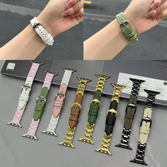 For Apple Watch Series 9 45mm Ceramic Color Buckle Contrast Leather Watch Band(Light Pink+White+Silver Buckle)