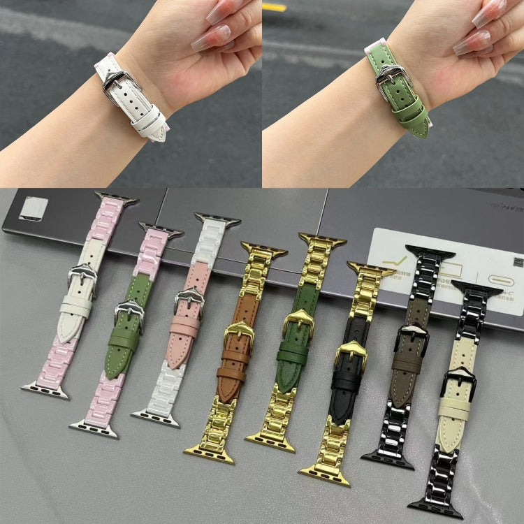For Apple Watch Series 9 45mm Ceramic Color Buckle Contrast Leather Watch Band(Light Pink+White+Silver Buckle)