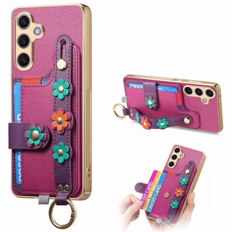 For Samsung Galaxy S24+ 5G Stereoscopic Flowers Wristband Card Bag Phone Case(Purple)