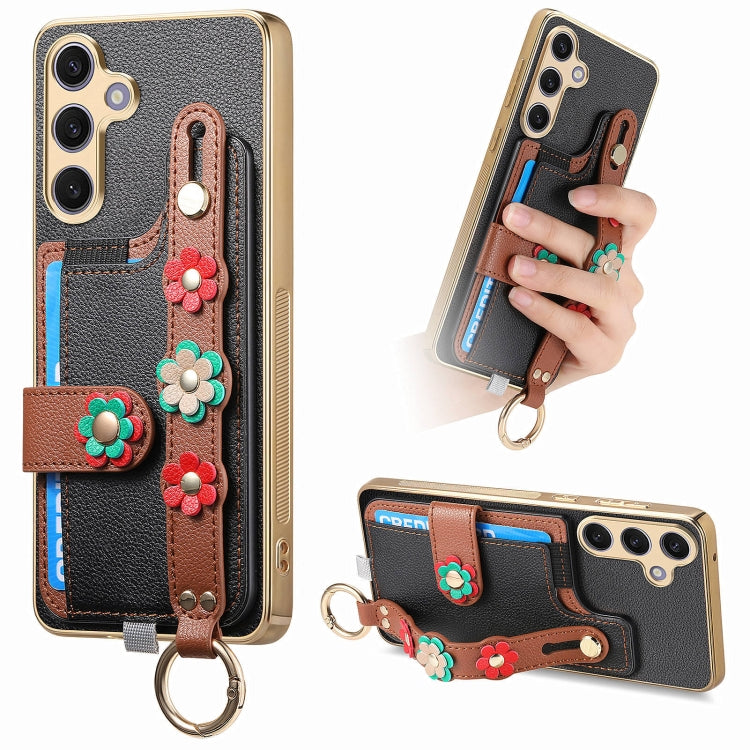For Samsung Galaxy S24+ 5G Stereoscopic Flowers Wristband Card Bag Phone Case(Black)