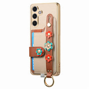 For Samsung Galaxy S24+ 5G Stereoscopic Flowers Wristband Card Bag Phone Case(Khaki)