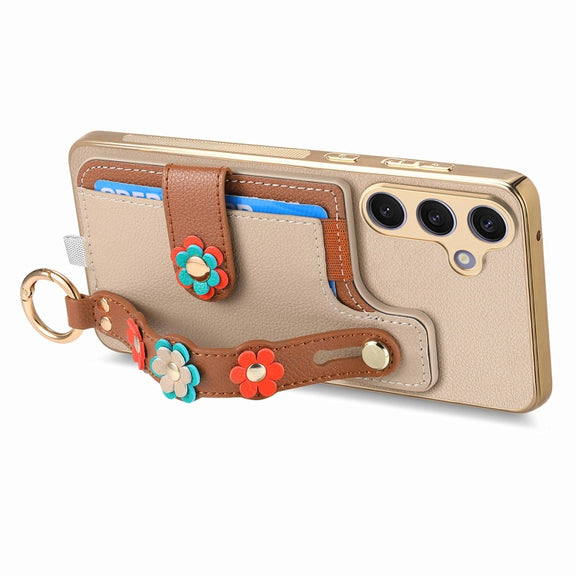 For Samsung Galaxy S24+ 5G Stereoscopic Flowers Wristband Card Bag Phone Case(Khaki)