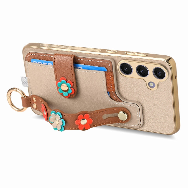 For Samsung Galaxy S24+ 5G Stereoscopic Flowers Wristband Card Bag Phone Case(Khaki)
