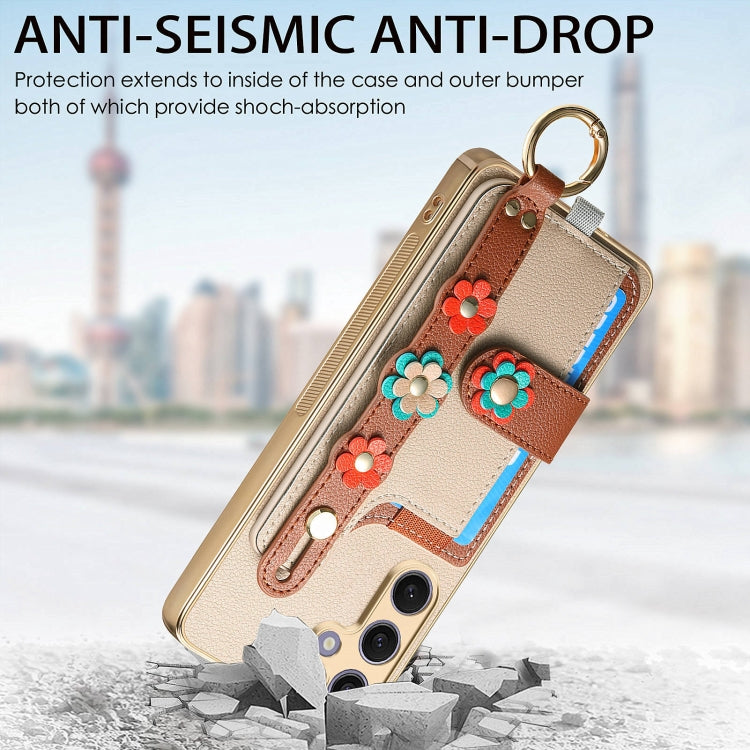 For Samsung Galaxy S24+ 5G Stereoscopic Flowers Wristband Card Bag Phone Case(Khaki)